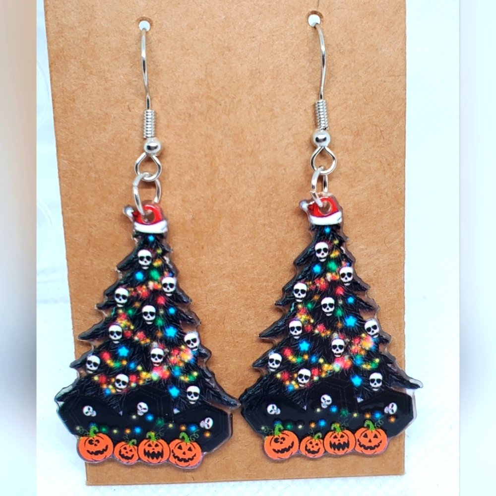 7/$10 Skull and Pumpkin Christmas Tree Acrylic Earrings, New